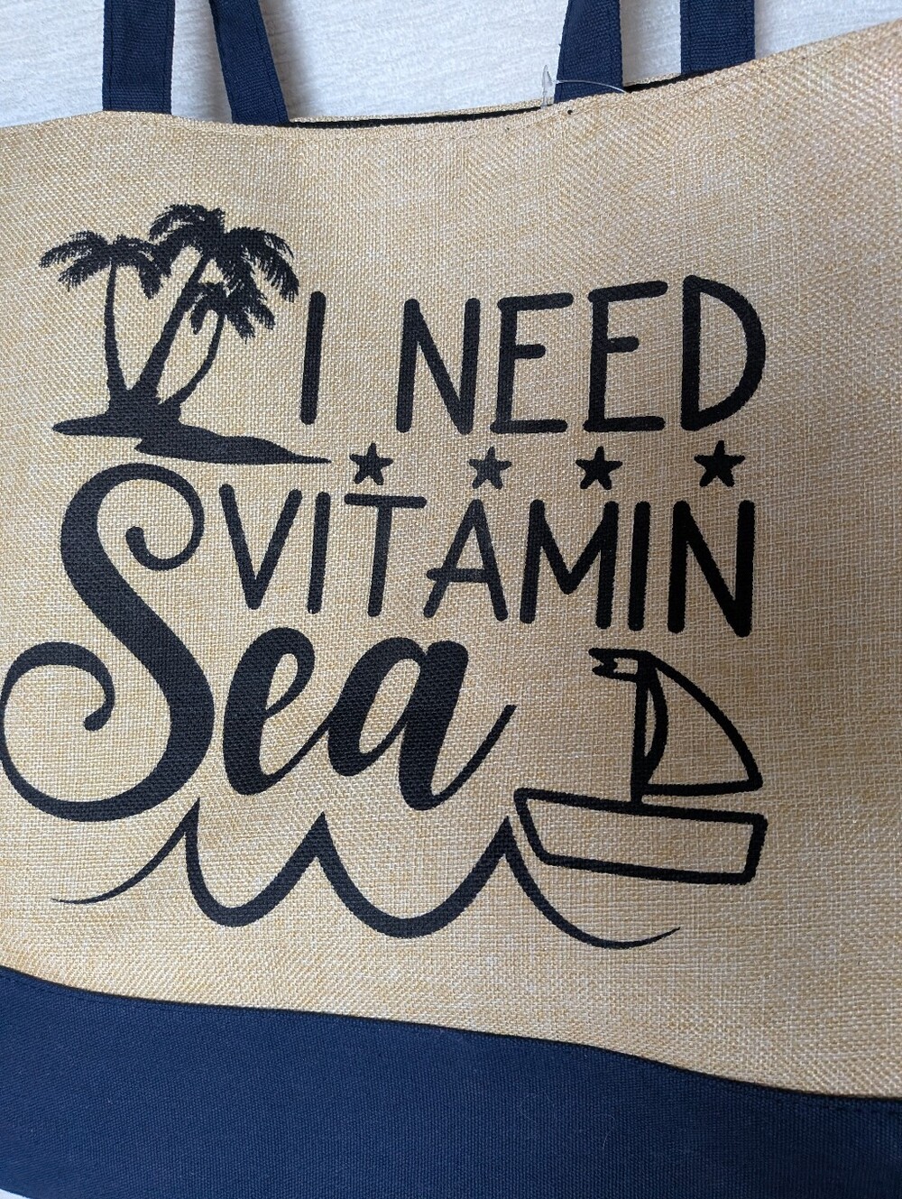 "I Need Vitamin Sea" Large Canvas Tote - Navy & Natural Vacation Ready NWT - Picture 2 of 9